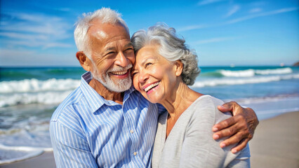 Happy senior couple smiling and bonding on the beach looking at camera. happy elderly lovely enjoying quality time together outside