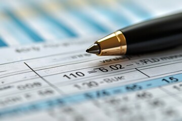 A close-up of a pen held in a firm grip, encircling dire bankruptcy figures on financial report, Pen rests on financial document with detailed figures; shallow depth field, focusing on numerical data.