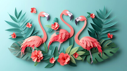 Colorful paper art featuring flamingos among tropical leaves and flowers, creating a vibrant and exotic scene.