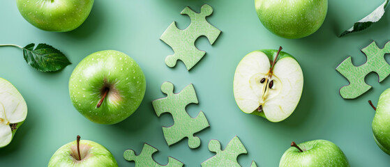 Green apples and puzzle pieces arranged creatively on a green background, symbolizing healthy life choices and problem-solving.