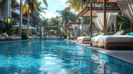 Luxury swimming pool with elegant cabanas, capturing relaxation and exclusivity, selective focus, upscale resort, vibrant, overlay, resort backdrop