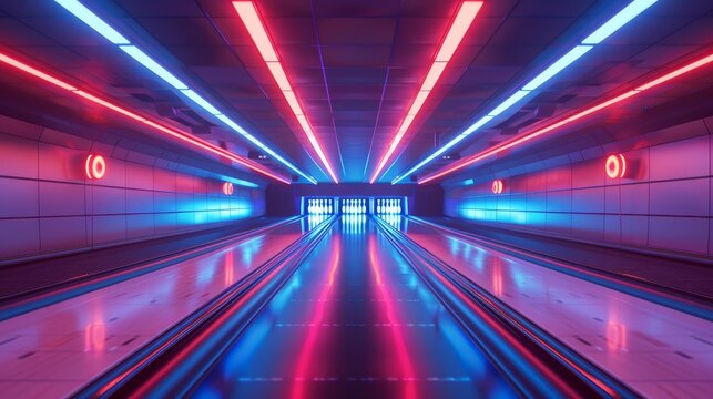 Bowling alley with automated scoring screens, showcasing technology and convenience, focus on, modern features, futuristic, manipulation, techsavvy backdrop