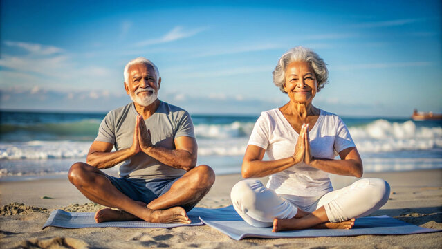 Senior family couple exercising Yoga at beach outdoors. Concept of healthy elderly lifestyle.
