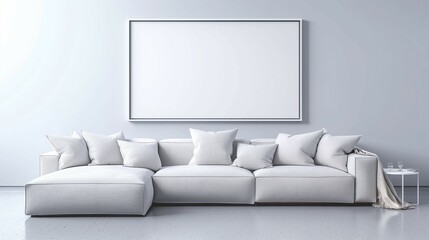 Home minimalist living room with sofa, wall poster frame mockup