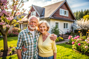 Fototapeta premium Happy senior couple smiling and bonding in the backyard looking at camera. Happy elderly lovely enjoying quality time together outside at spring