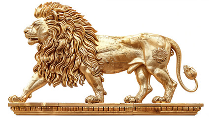 An intricately detailed golden statue of a lion, symbolizing power and regality, stands against a plain white background.