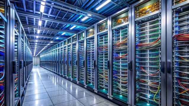 Rows of sleek silver server racks line a dimly lit technology center room, webs of colored cables and wires crisscrossing in complex patterns.