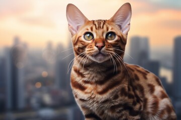 Obraz premium Portrait of a happy ocicat cat over modern cityscape background