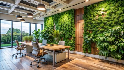 Fototapeta premium Lush green living wall amidst sleek modern office interior, featuring vibrant leaves and elegant wooden accents, exuding serenity and eco-friendly sophistication.