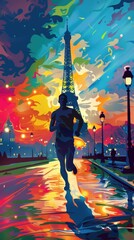 Obraz premium Vibrant colorful artwork of runner at marathon. Abstract style art illustration. Silhouette jogger jog outdoor, motion and active vitality. Fitness lifestyle. Urban run in famous city street. Vertical