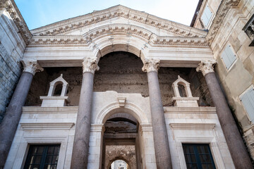 Facade details of the beautiful 3rd-4th century Roman Emperor Diocletian's palace summer residence in Split, Croatia