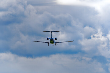 Rear view of private jet landing at Zürich Airport on a spring day. Photo taken May 28th, 2024, Kloten, Canton Zurich, Switzerland.