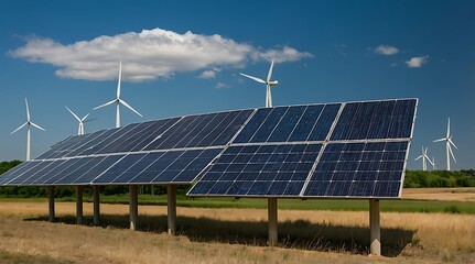 Solar panels and wind turbines in green environment, ESG, Green energy, clean air, anti pollution programs, replaceable energy