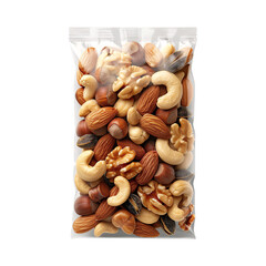 Mixed Nuts in a Transparent Plastic Bag: A close-up of assorted mixed nuts in a transparent plastic bag with a black background