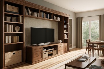 Modern living room interior features a fireplace with a mounted flat screen TV above, creating a luxurious space for movie nights