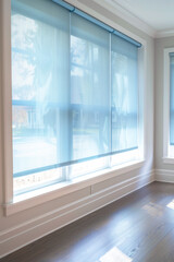 Ice blue roller shades with light filtering through in room.