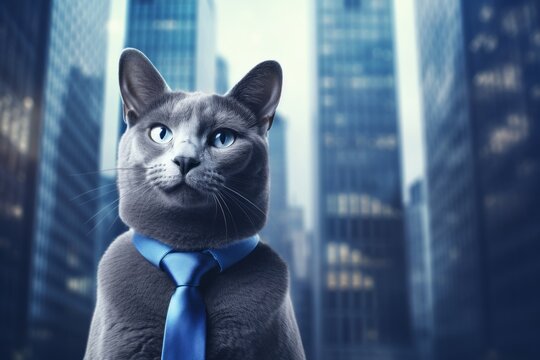 Portrait of a happy russian blue cat in front of sophisticated corporate office background