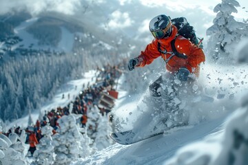 Snowboarding Jump: A snowboarder mid-air performing a trick with a snow-covered mountain in the background