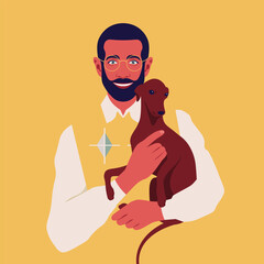 A bearded man holding an Italian greyhound puppy. Happy dog breeding. Veterinary. Vector illustration in flat style