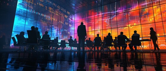 Strategic Planning Session - Business Professionals in 3D Illustration with Virtual Screens Showing Data Trends