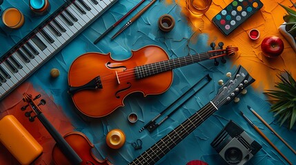 A colorful setup with musical instruments like a guitar, violin, and piano keys, with sheet music and art supplies, ample copy space in a stage-like lower banner area for festival announcements