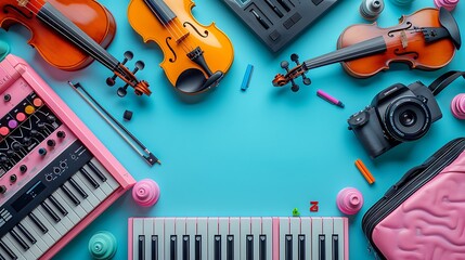 A colorful setup with musical instruments like a guitar, violin, and piano keys, with sheet music and art supplies, ample copy space in a stage-like lower banner area for festival announcements