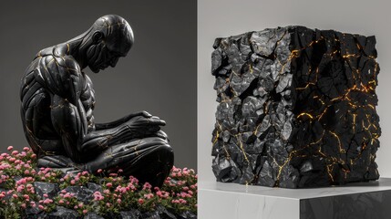 Fototapeta premium Artistic black sculptures: a meditative human figure surrounded by flowers and a textured cube with golden veins.