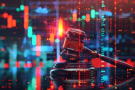 A futuristic scene featuring a hightech gavel with holographic elements