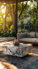 Villa living room interior design, marble coffee table with books and flower vase on top of sofa against window view.