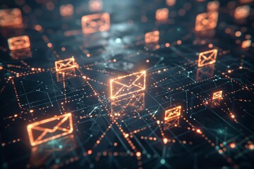 Fototapeta premium A futuristic sketch illustrates interconnected email icons, linked by nodes in a complex network