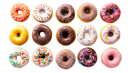 Irresistibly Tempting Donuts Collection: Colorful Assortment of Sweet Bakery Treats on Transparent Background, Perfect for Indulgent Snacks and Celebration Desserts