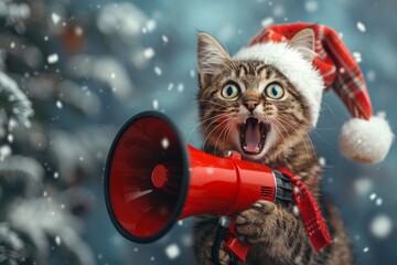 Funny white cat in Santa hat holds a red loudspeaker in its paws. Cute kitten in Santa red hat with...