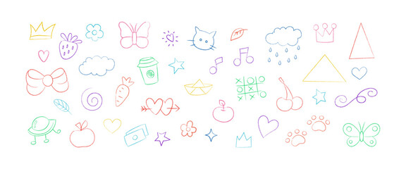 Chalk kid scribble drawing icons. Childish doodles, apple, crown, butterfly, cherry, heart, bow illustration on white background. Vector