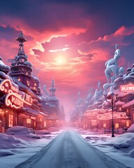 Snowy street in the city center at sunset. 3d rendering
