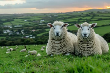 Fototapeta premium Two Sheep Grazing in a Rolling Green Pasture at Sunset