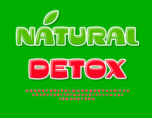 Vector healthy flyer Natural Detox. Glossy Red Font. Modern Alphabet Letters and Numbers set.