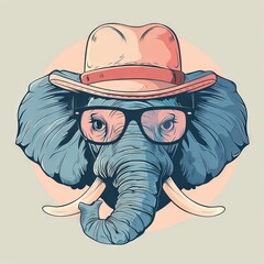 Illustration of an elephant wearing glasses and a hat, encapsulating a quirky and humorous anthropomorphic portrayal with vintage style.