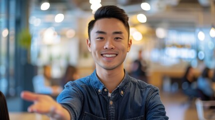 Obraz premium Asian executive shakes hands, negotiates, and smiles for contract at modern office. Businessman shaking hands in Tokyo office for success, deal, and proposal