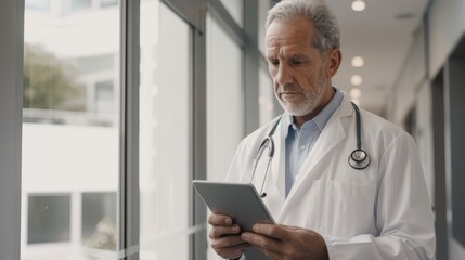Hospital doctor, tablet, and senior guy for research, telehealth, and online consultation. Healthcare, technology, and geriatric doctor with touch screen for wellness app in clinic.