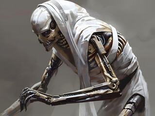 Futuristic pharaoh mummy with robotic limbs