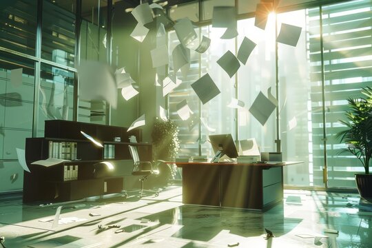 A sleek, futuristic office becomes a mess with papers flying from the desk, leaving documents in total disarray