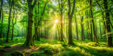 Lush green forest with sunlight filtering through the trees, a serene and tranquil scene