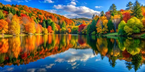 Serene lake surrounded by autumn foliage, reflecting the vibrant colors of fall