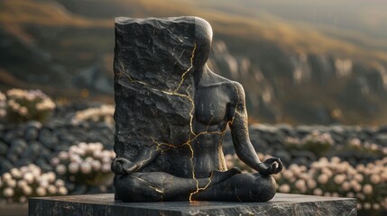 Sculpture of a serene, headless human figure in a meditative posture, blending with nature amidst a scenic landscape.