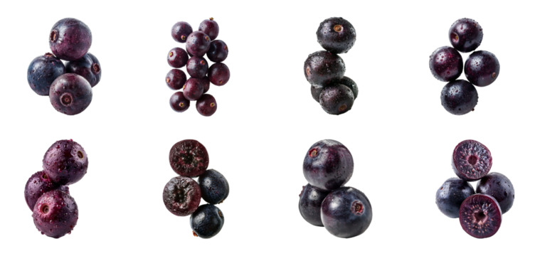 Set of fresh acai berries with droplets, cut out - stock png.