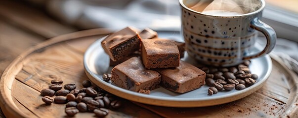 Delicious coffee brownies on a plate with coffee beans and a cup of cappuccino, beautifully presented on a wooden table.