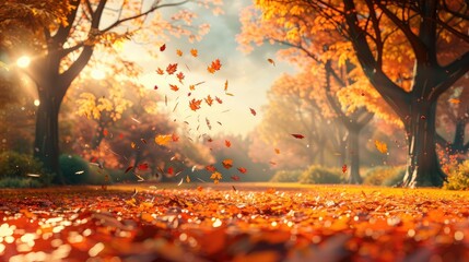 Tranquil Fall Splendor: Beautiful Autumn Leaves Descending in a Peaceful Park Setting.
