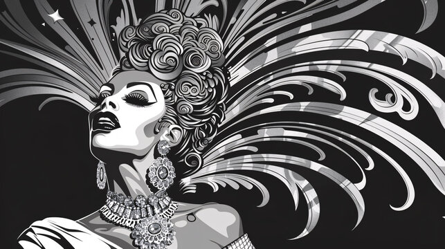 Glamorous Drag Queen Portrait in Vector Art with Elaborate Wig, Jewelry, and Gown on Monochrome Background