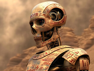 robot with hieroglyphic engravings