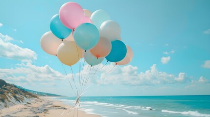 A bunch of pastel-colored balloons floating in the sky, with a beach and ocean in the background